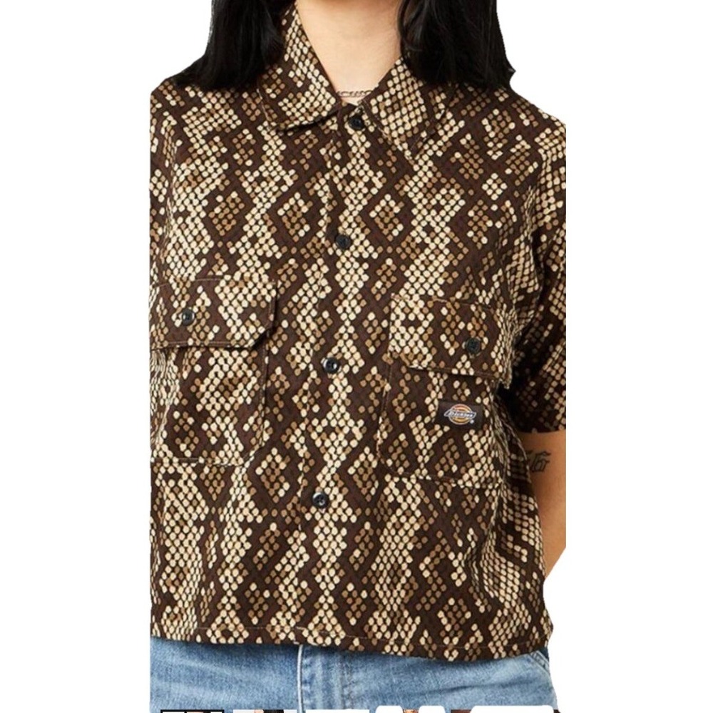 Dickies Large NEW Camden Snake Print Button Up Cropped Heavy Short Sleeve Boxy
